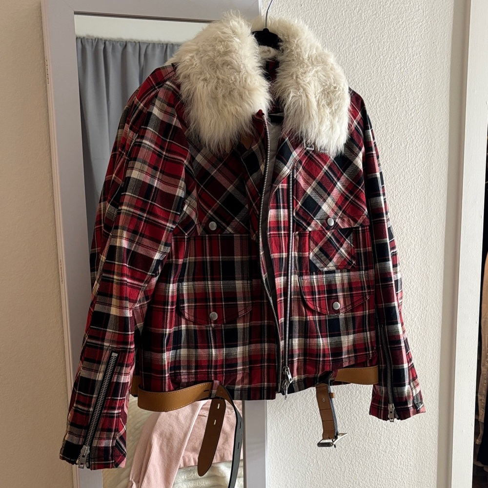 rag & bone Red Plaid Bomber Jacket with Faux Fur Collar